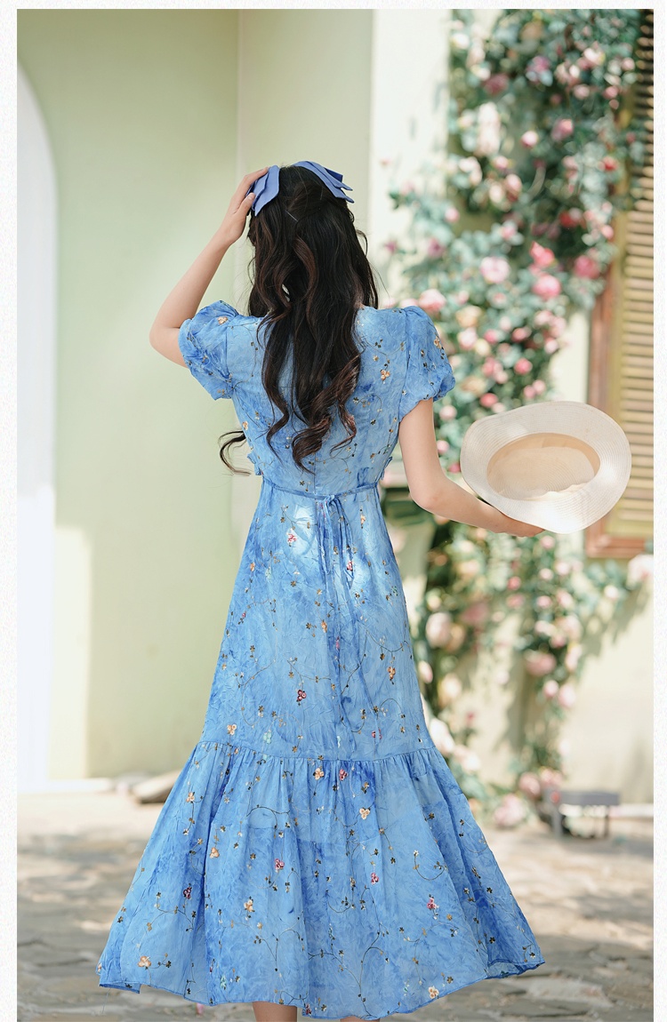 Tie dye floral long dress embroidery V-neck dress