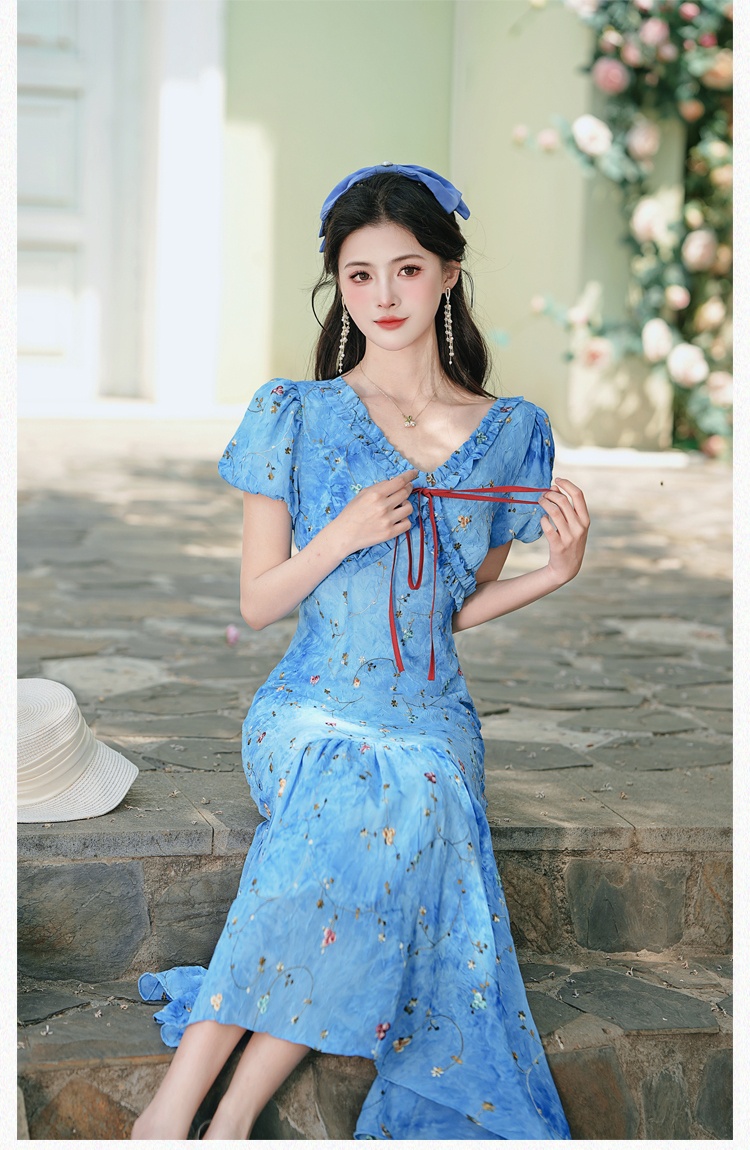 Tie dye floral long dress embroidery V-neck dress