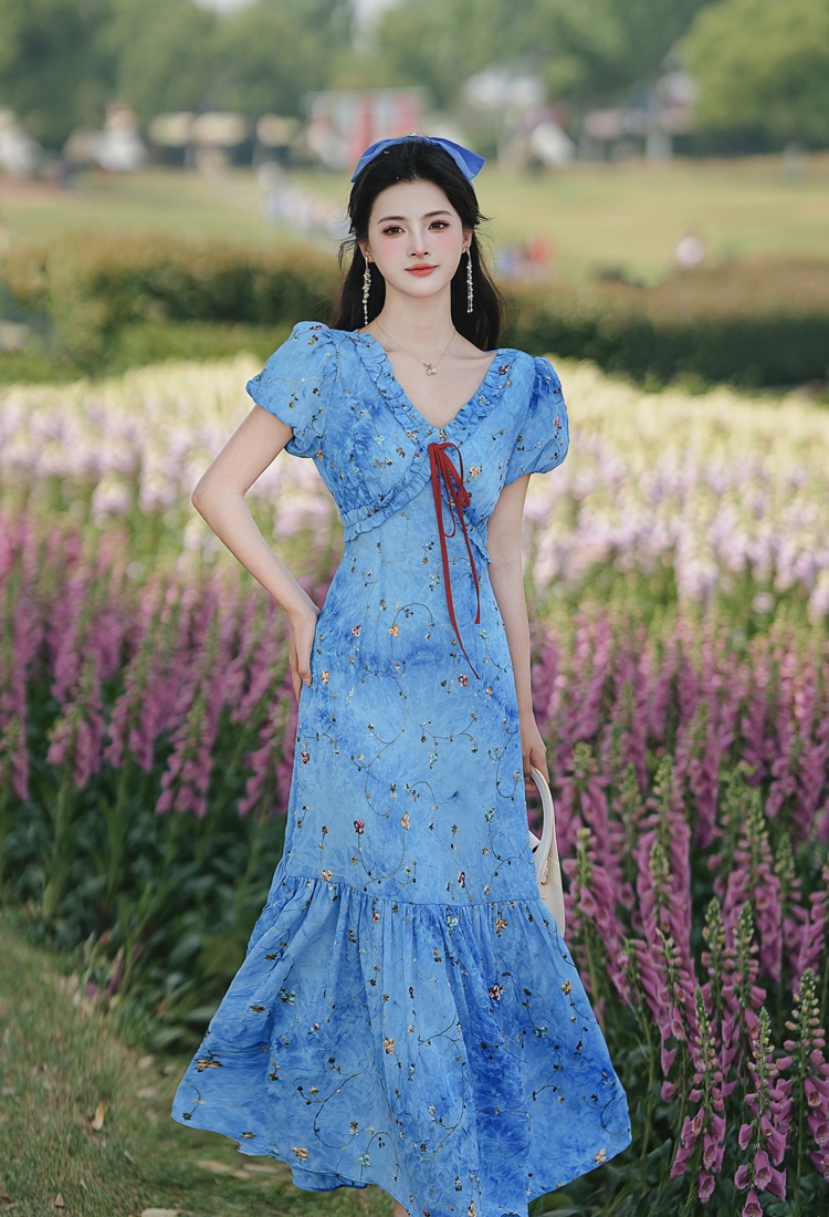 Tie dye floral long dress embroidery V-neck dress