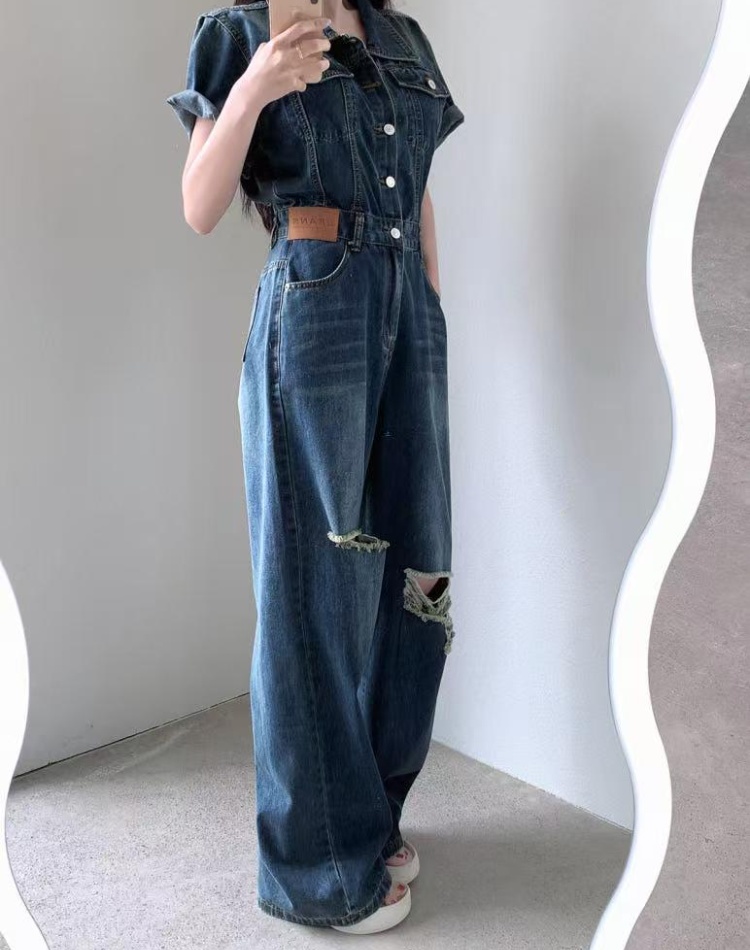 Burr Korean style holes short sleeve fashion jumpsuit