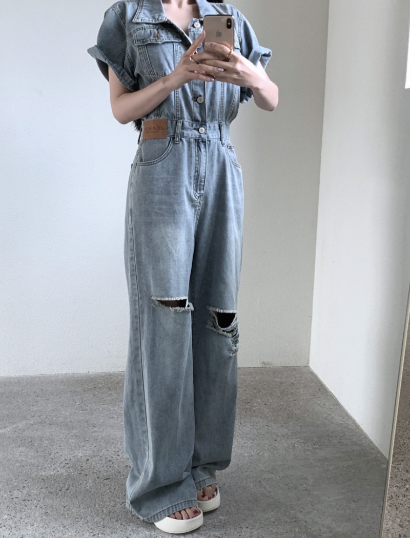 Burr Korean style holes short sleeve fashion jumpsuit