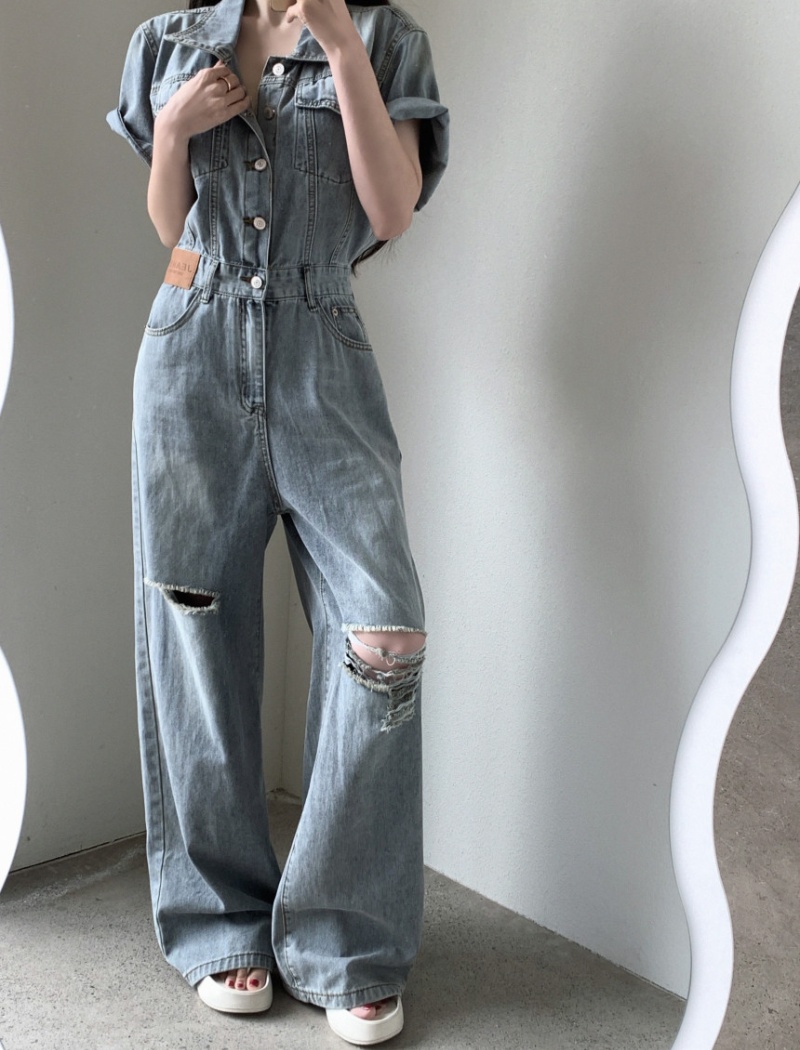 Burr Korean style holes short sleeve fashion jumpsuit