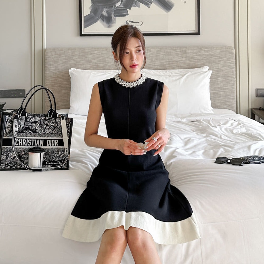 Korean style knitted vest sleeveless mixed colors dress