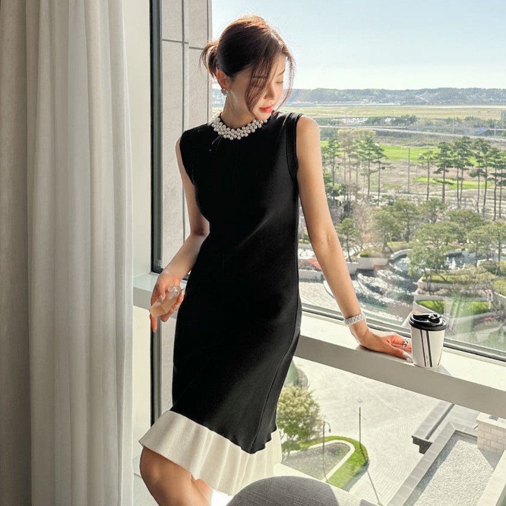 Korean style knitted vest sleeveless mixed colors dress