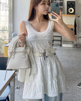 Pinched waist knitted slim dress hollow sweet vest