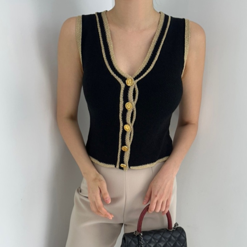 Sleeveless V-neck waistcoat chanelstyle knitted tops