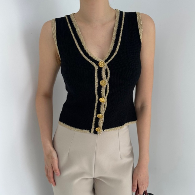 Sleeveless V-neck waistcoat chanelstyle knitted tops