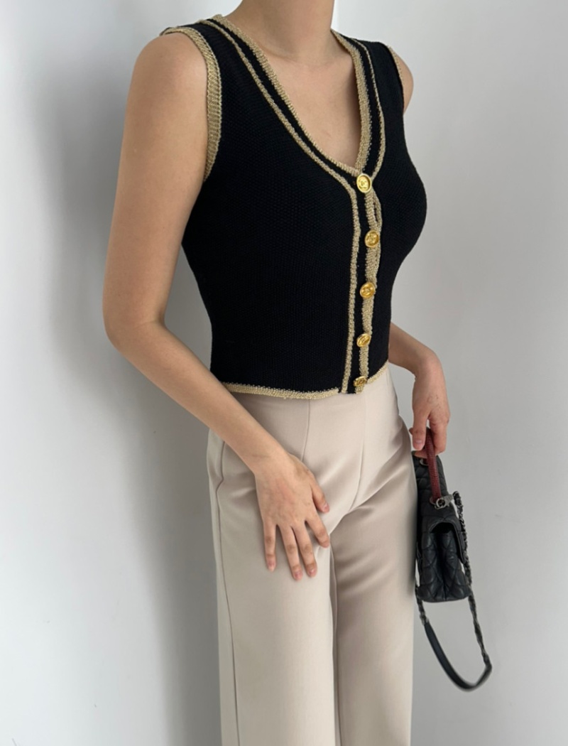 Sleeveless V-neck waistcoat chanelstyle knitted tops