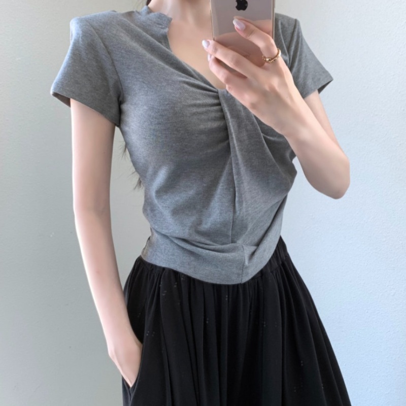 Korean style short sleeve tops V-neck T-shirt