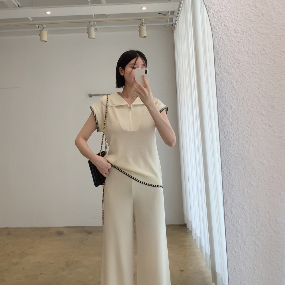 Fashion half zip wide leg pants Korean style tops a set