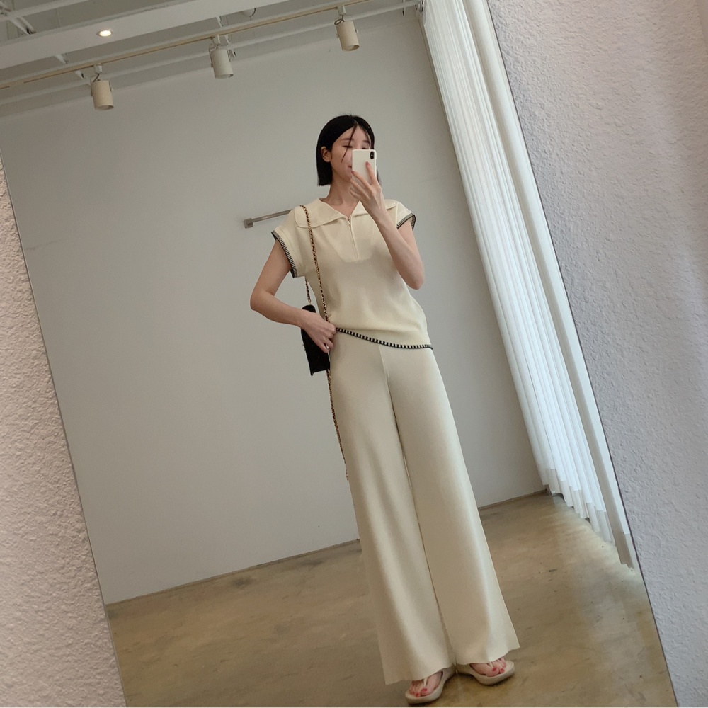 Fashion half zip wide leg pants Korean style tops a set