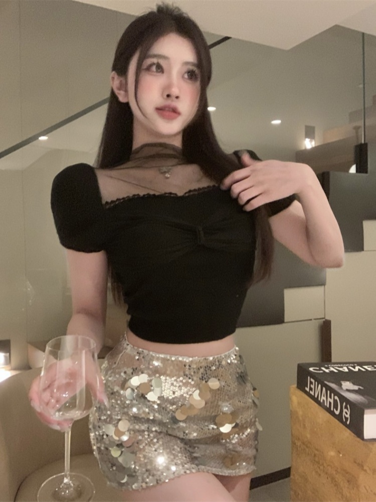 Splice knitted T-shirt gauze chouzhe tops