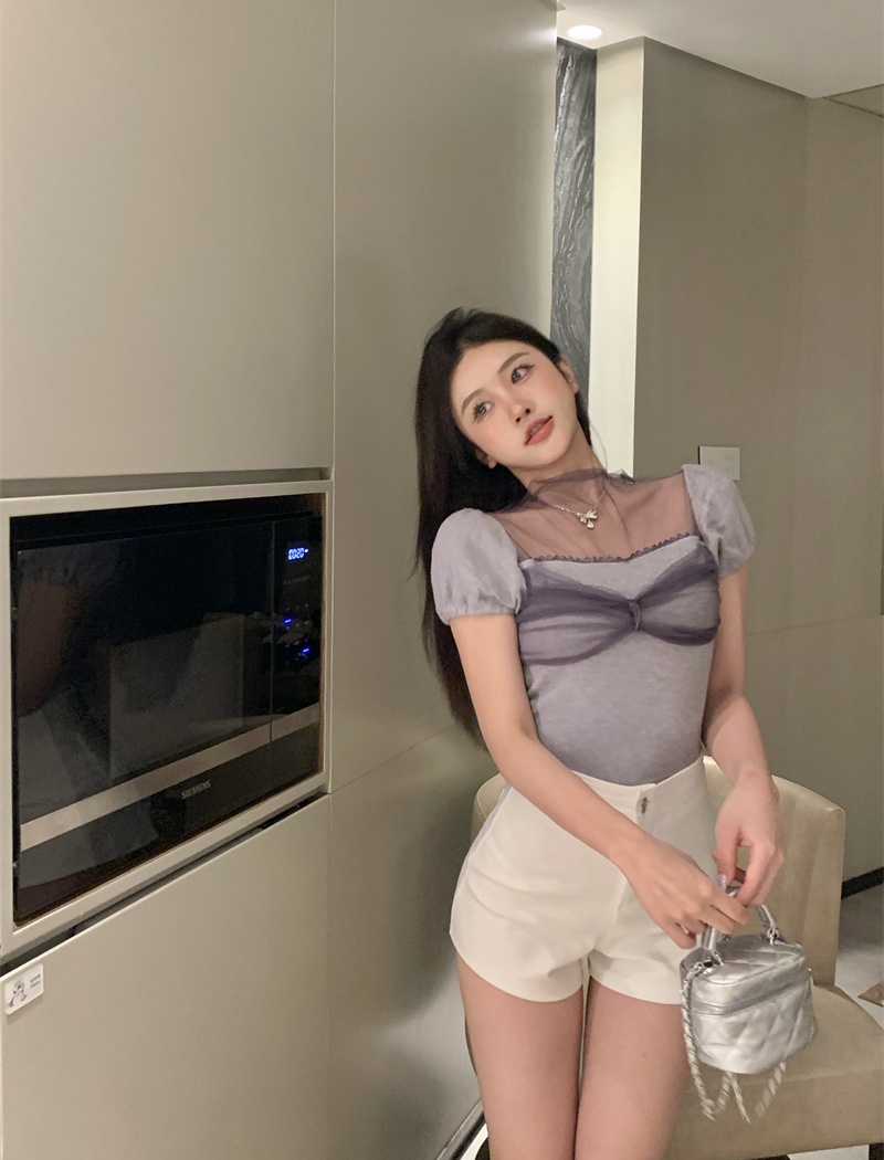 Splice knitted T-shirt gauze chouzhe tops