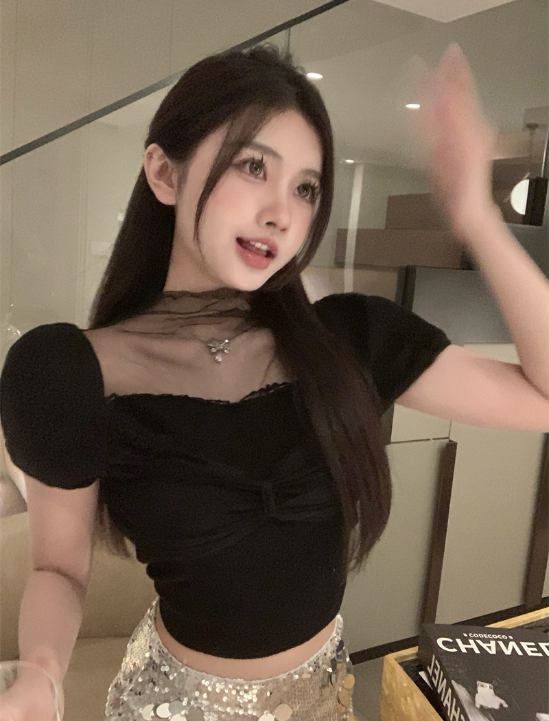 Splice knitted T-shirt gauze chouzhe tops