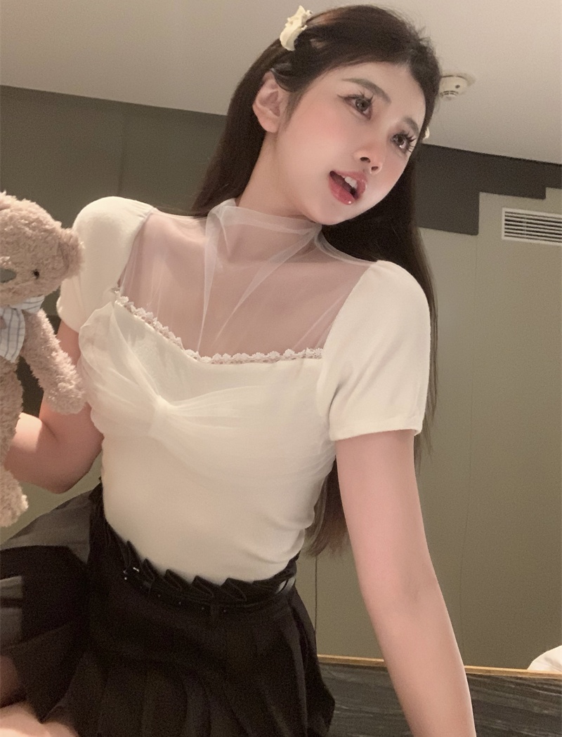 Splice knitted T-shirt gauze chouzhe tops