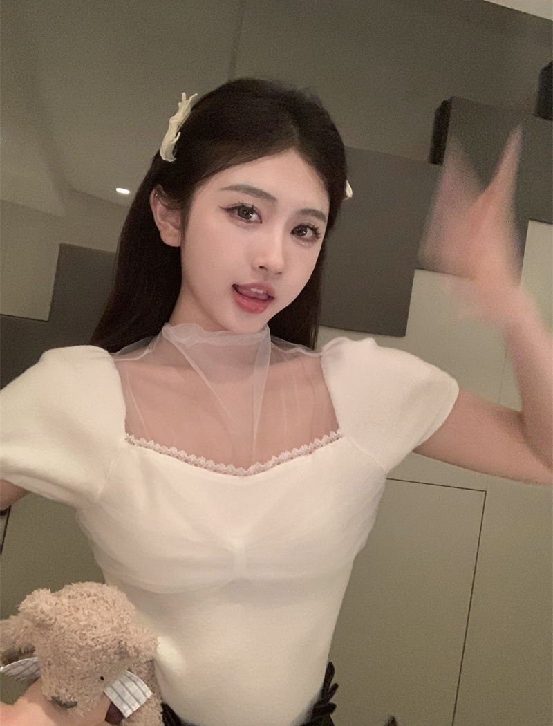 Splice knitted T-shirt gauze chouzhe tops