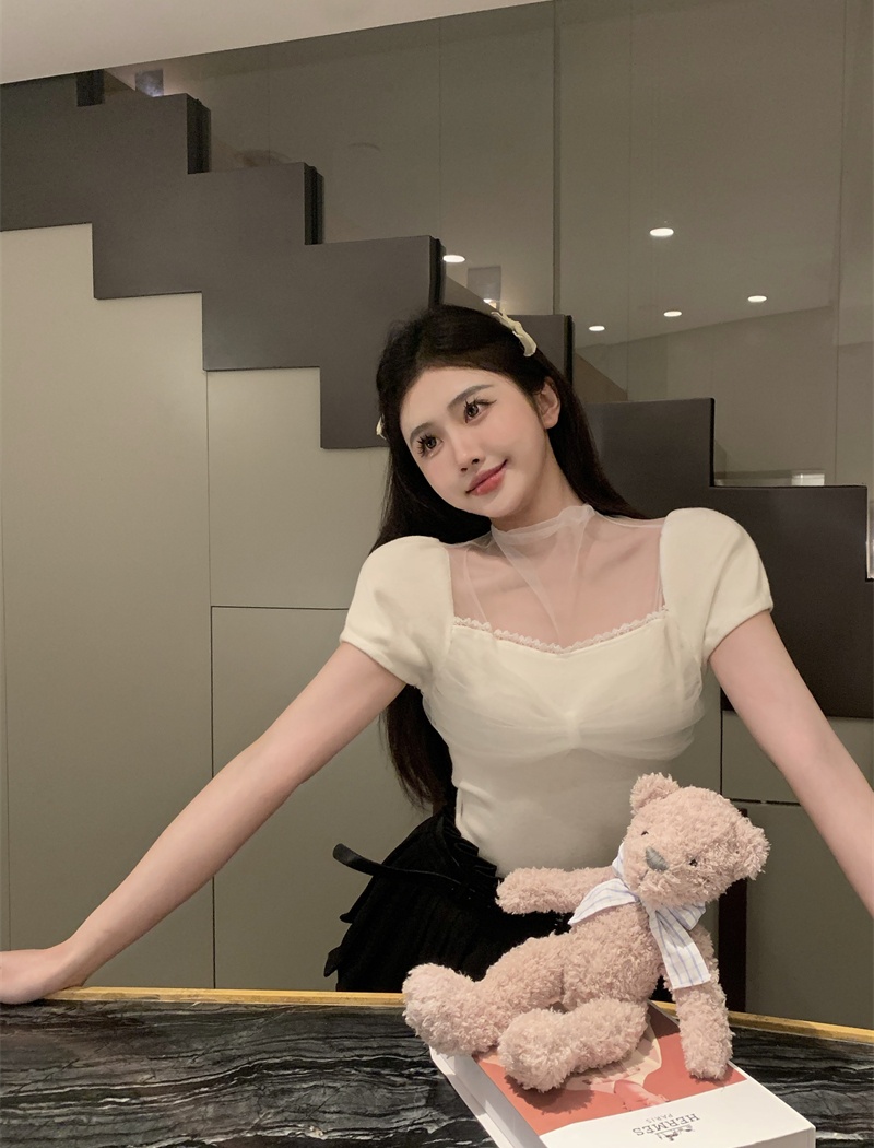 Splice knitted T-shirt gauze chouzhe tops