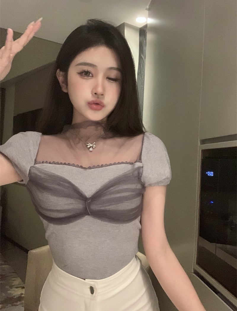 Splice knitted T-shirt gauze chouzhe tops