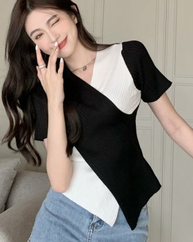 Temperament niche summer mixed colors short sleeve tops
