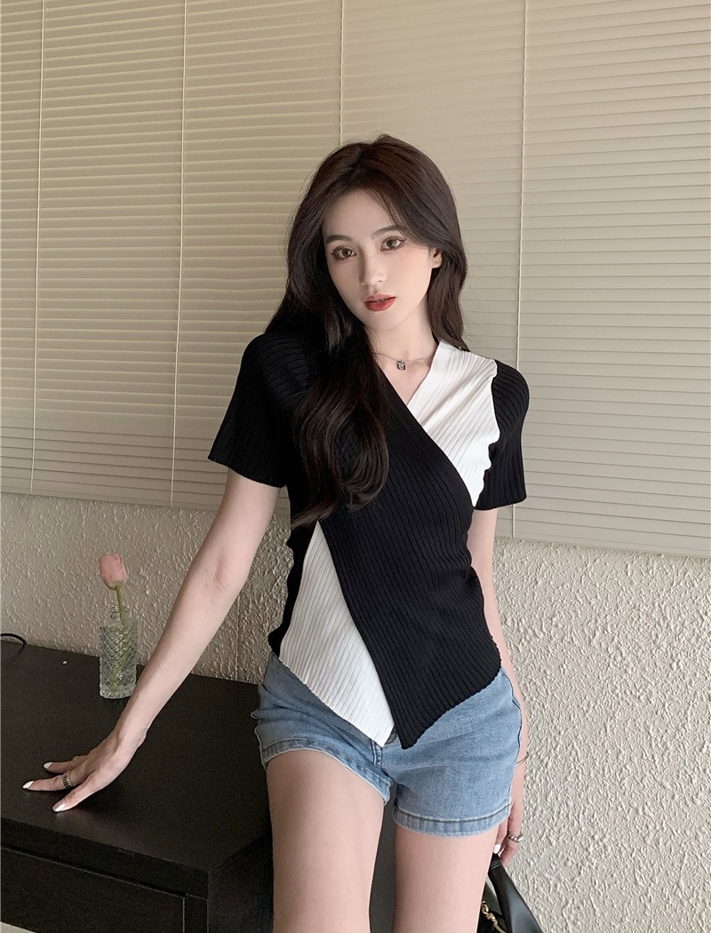 Temperament niche summer mixed colors short sleeve tops