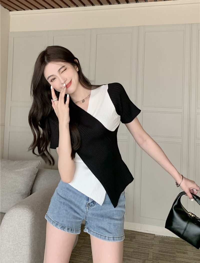 Temperament niche summer mixed colors short sleeve tops