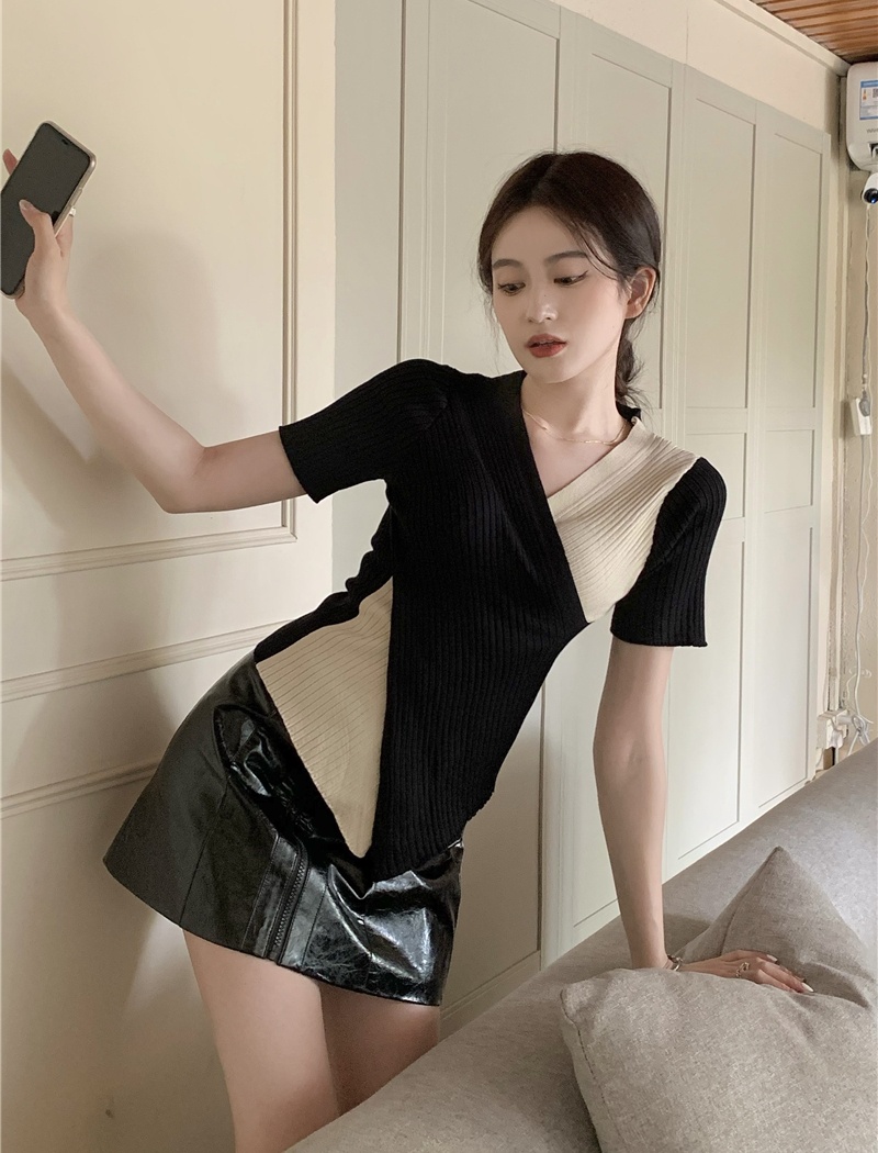Temperament niche summer mixed colors short sleeve tops