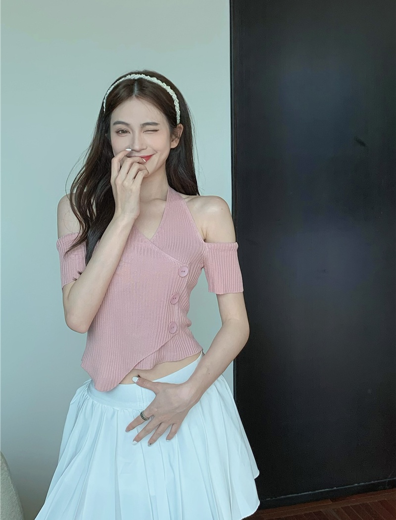 Irregular knitted halter short sleeve tops for women