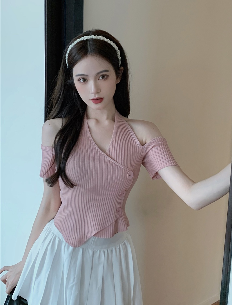 Irregular knitted halter short sleeve tops for women