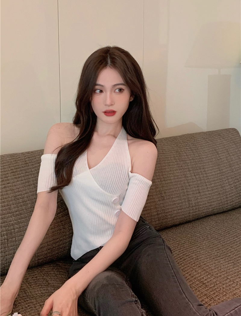 Irregular knitted halter short sleeve tops for women