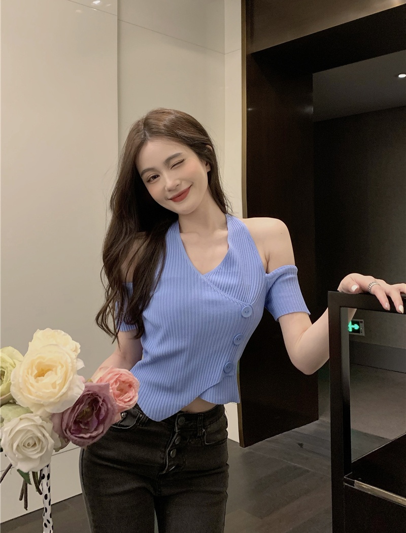 Irregular knitted halter short sleeve tops for women