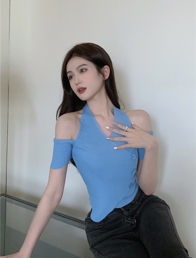 Irregular knitted halter short sleeve tops for women
