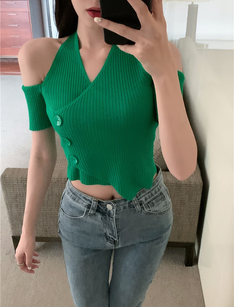 Irregular knitted halter short sleeve tops for women
