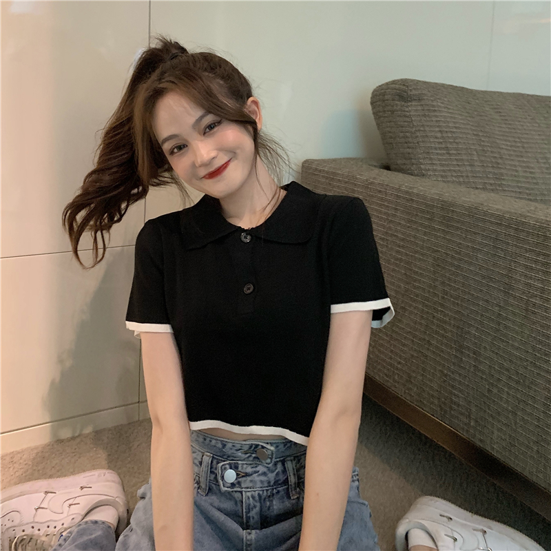 Short navel irregular summer knitted lapel slim tops
