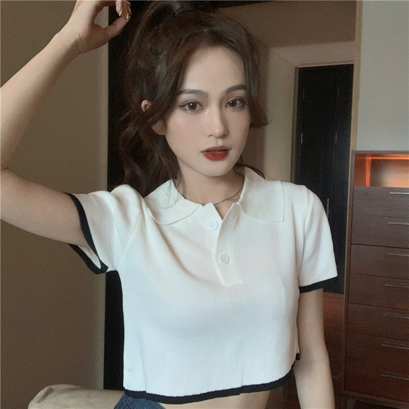 Short navel irregular summer knitted lapel slim tops