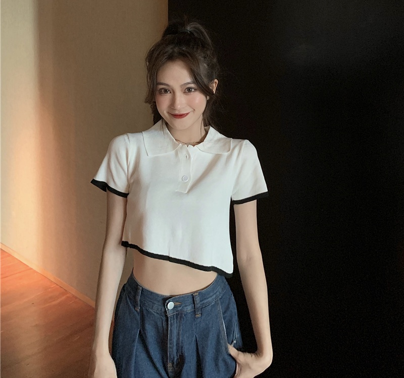 Short navel irregular summer knitted lapel slim tops