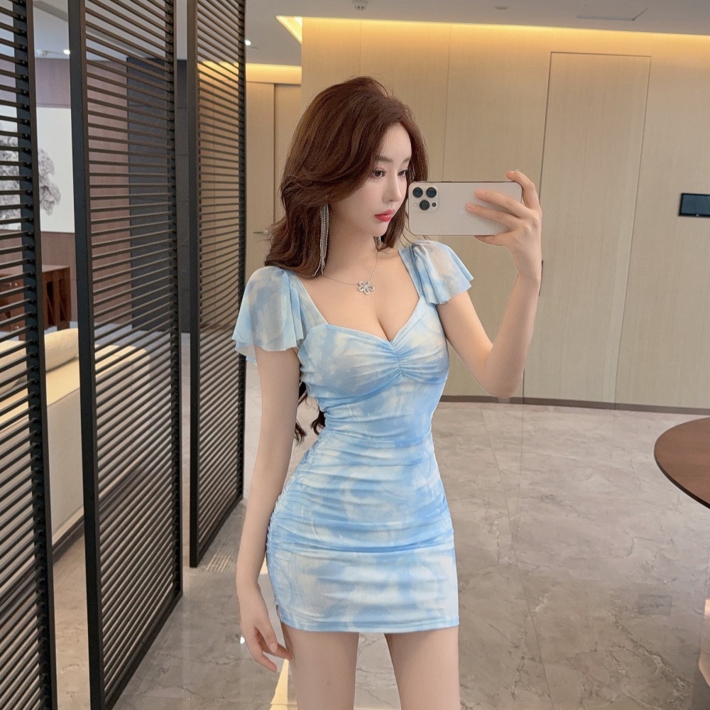 Sexy bottoming short printing package hip gauze dress