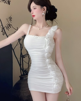 Sling sexy low-cut bottoming gauze splice flowers dress