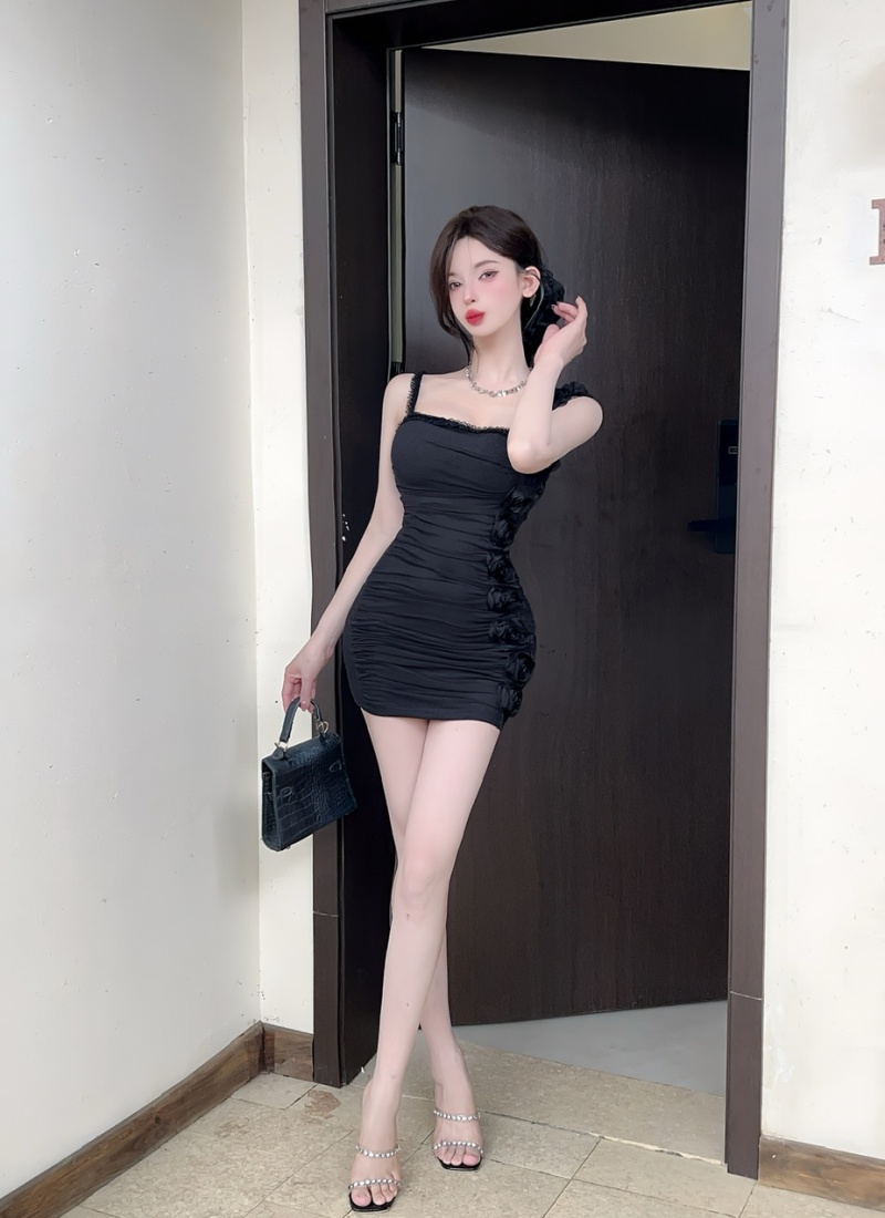 Sling sexy low-cut bottoming gauze splice flowers dress