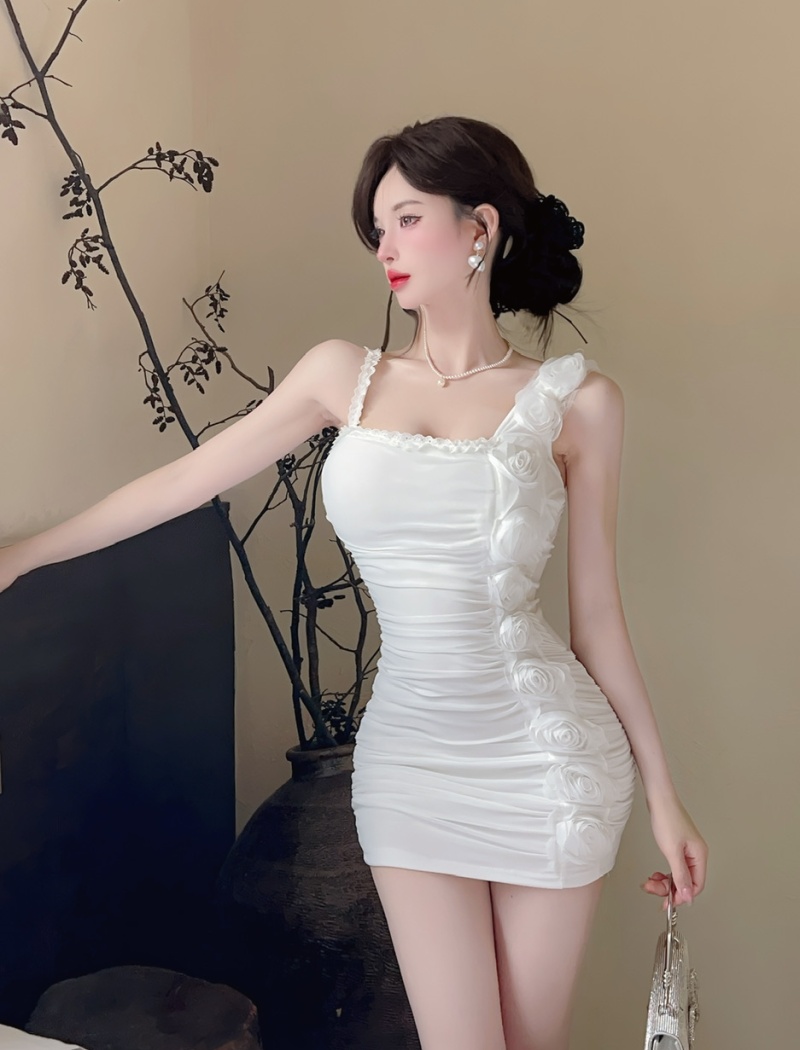 Sling sexy low-cut bottoming gauze splice flowers dress