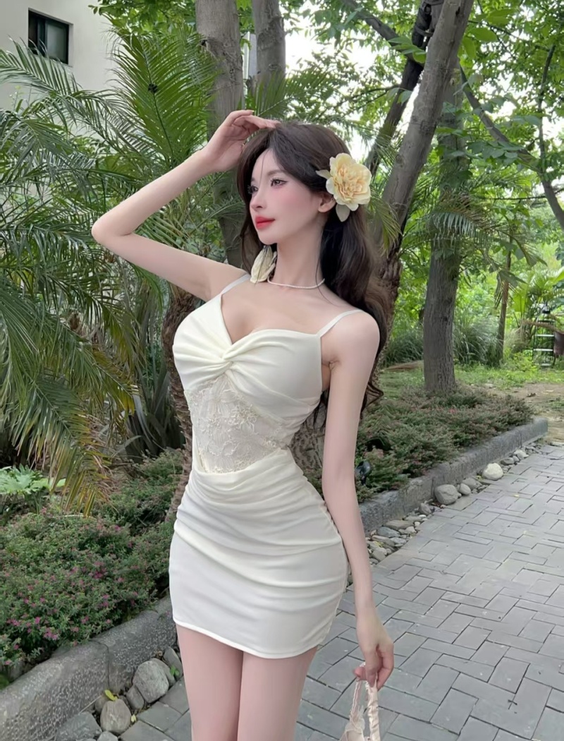 Gauze splice package hip short lace sexy sling dress