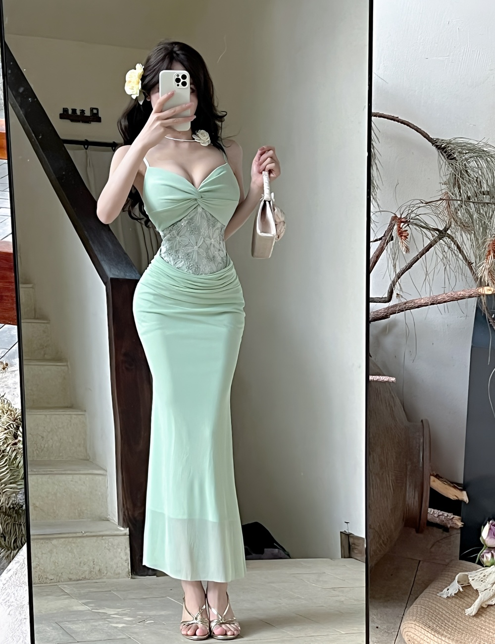 Sling long gauze lace sexy splice dress
