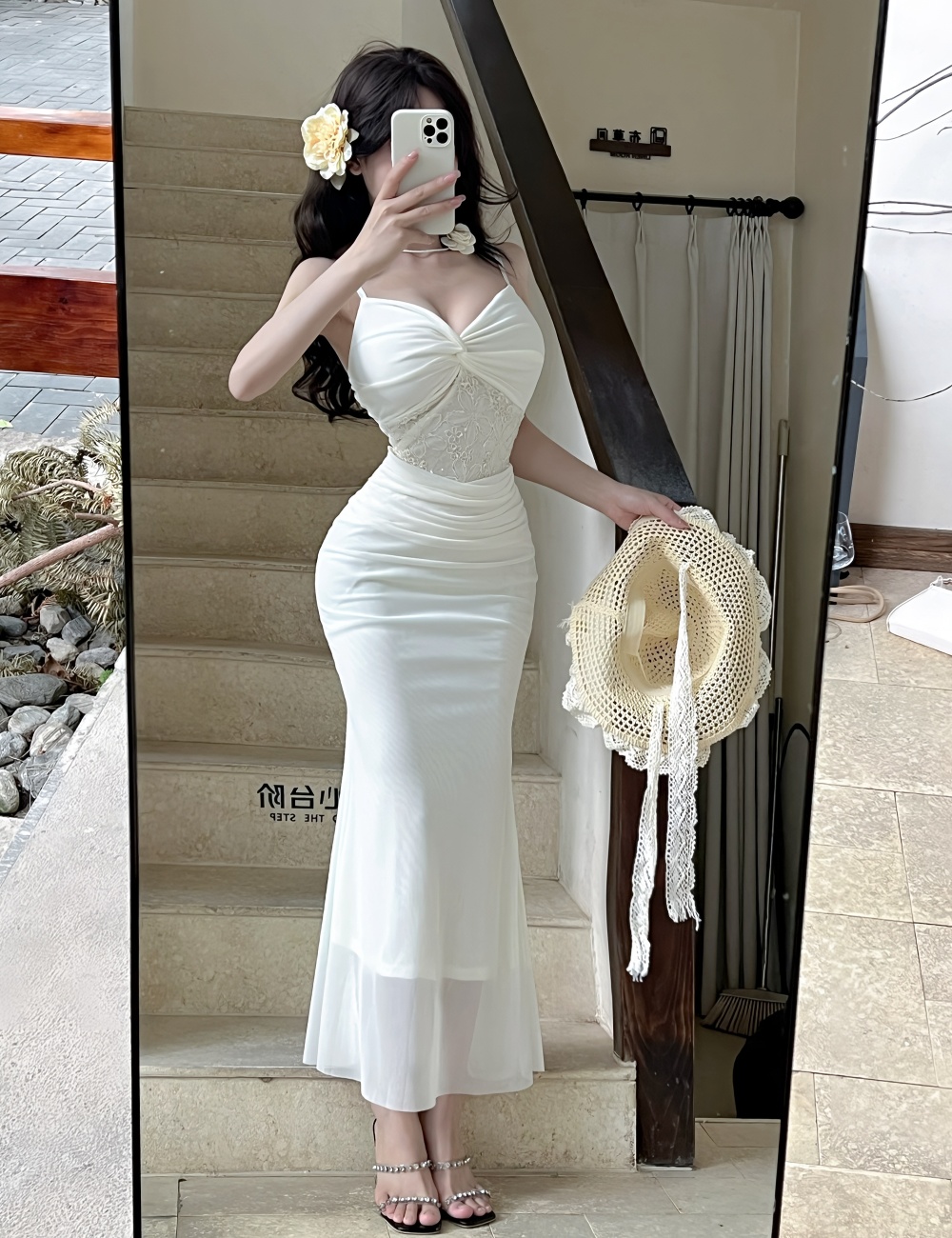 Sling long gauze lace sexy splice dress