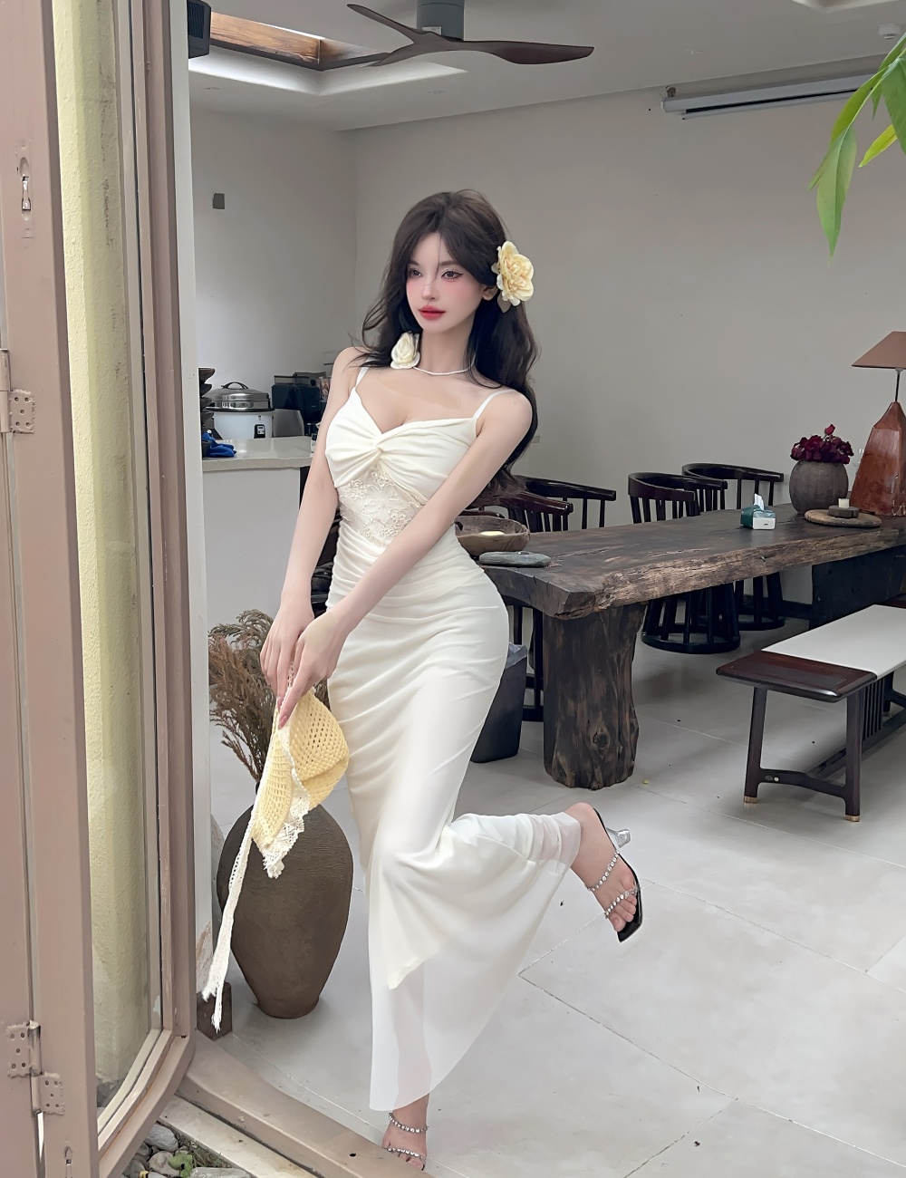 Sling long gauze lace sexy splice dress