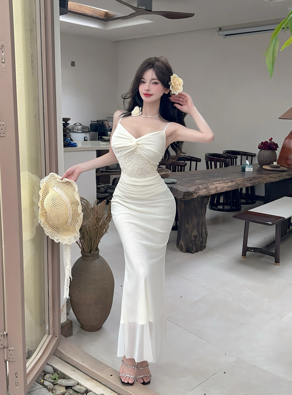 Sling long gauze lace sexy splice dress