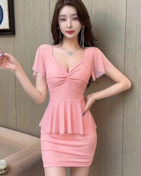 Bottoming boats sleeve Pseudo-two sexy gauze dress