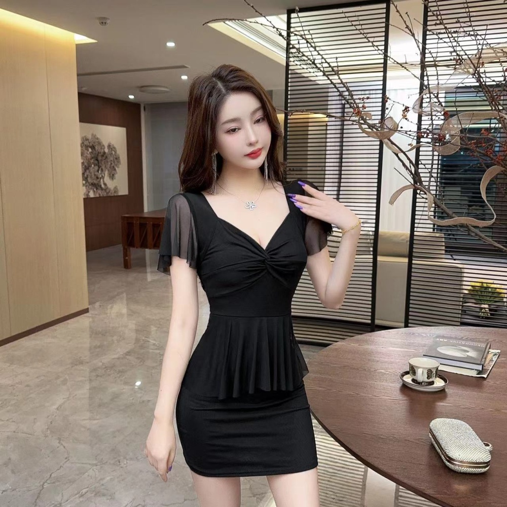 Bottoming boats sleeve Pseudo-two sexy gauze dress