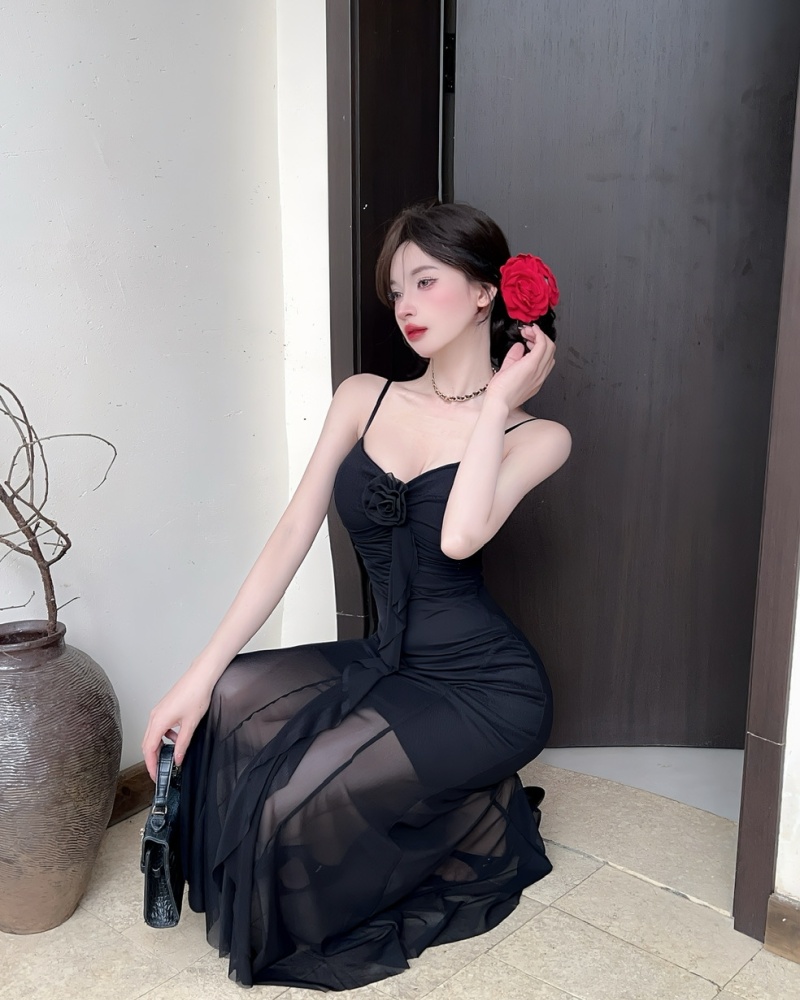 Sexy sling gauze long printing bottoming dress