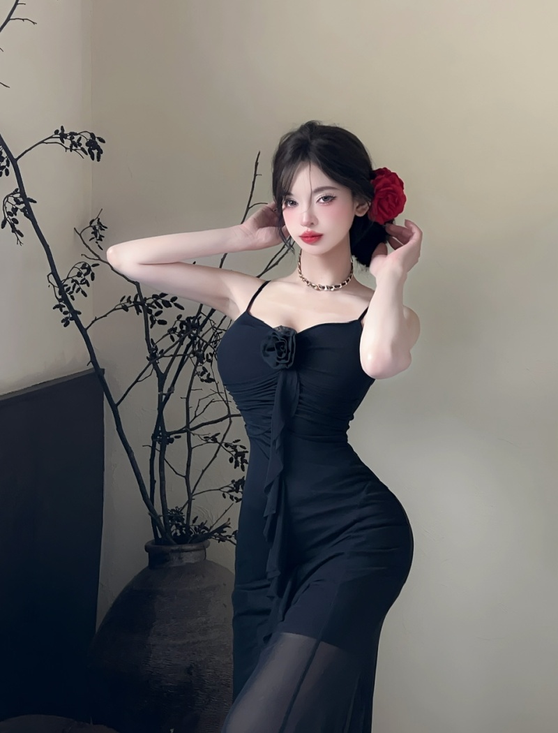 Sexy sling gauze long printing bottoming dress