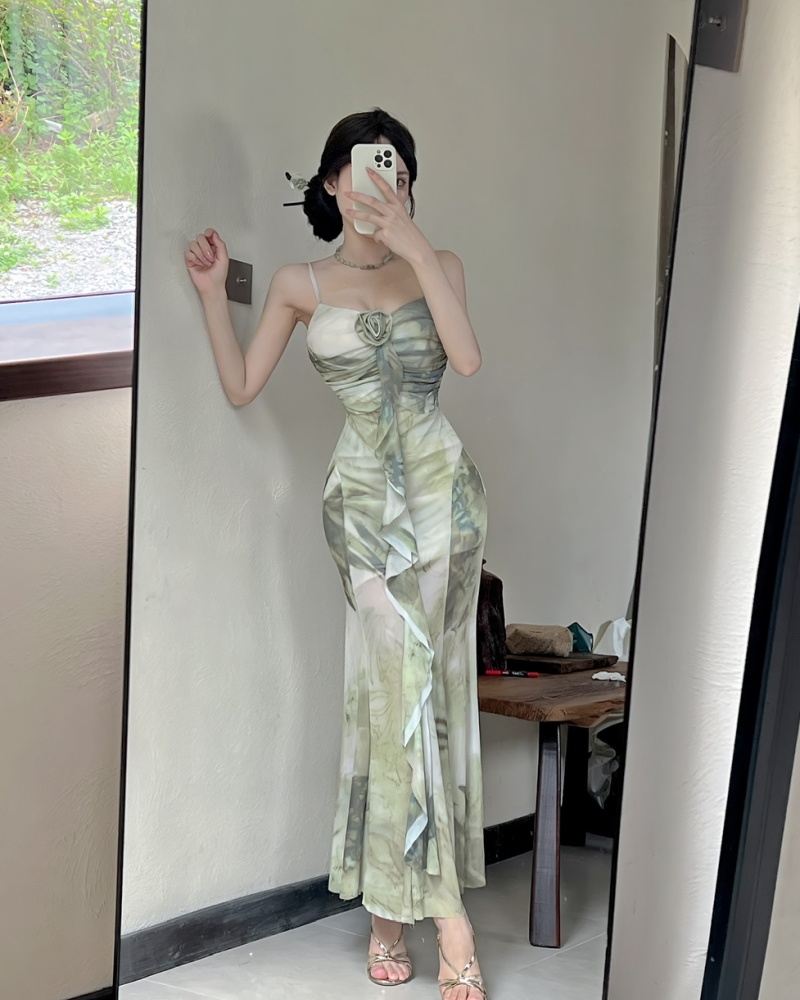 Sexy sling gauze long printing bottoming dress