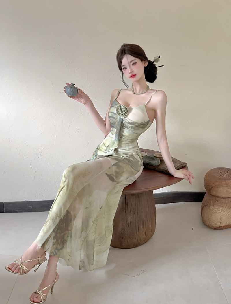 Sexy sling gauze long printing bottoming dress
